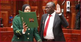 Nominated IEBC chairman Erastus Ethekon swearing before his vetting.